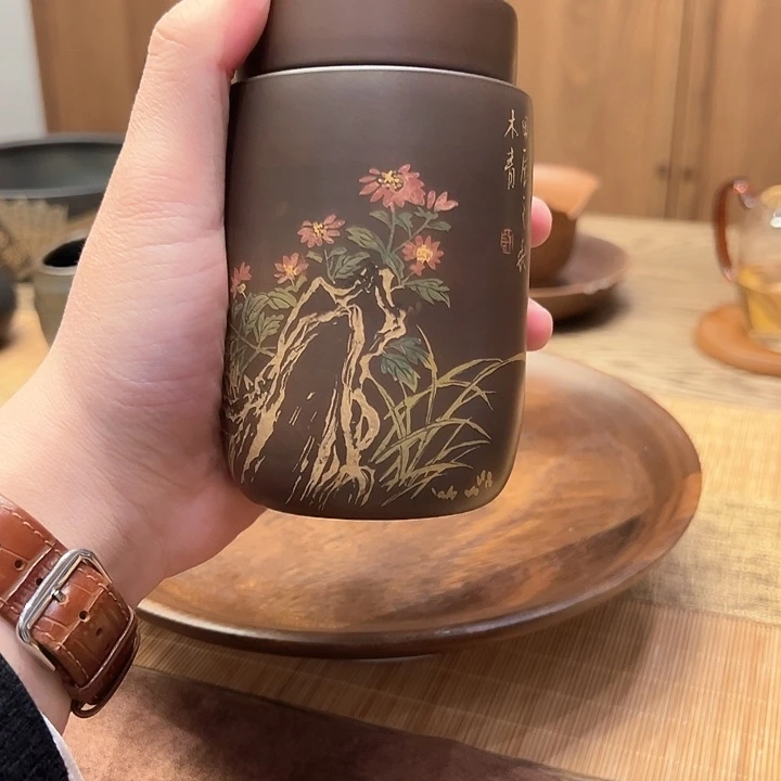 度*建水紫陶手工茶罐刻填