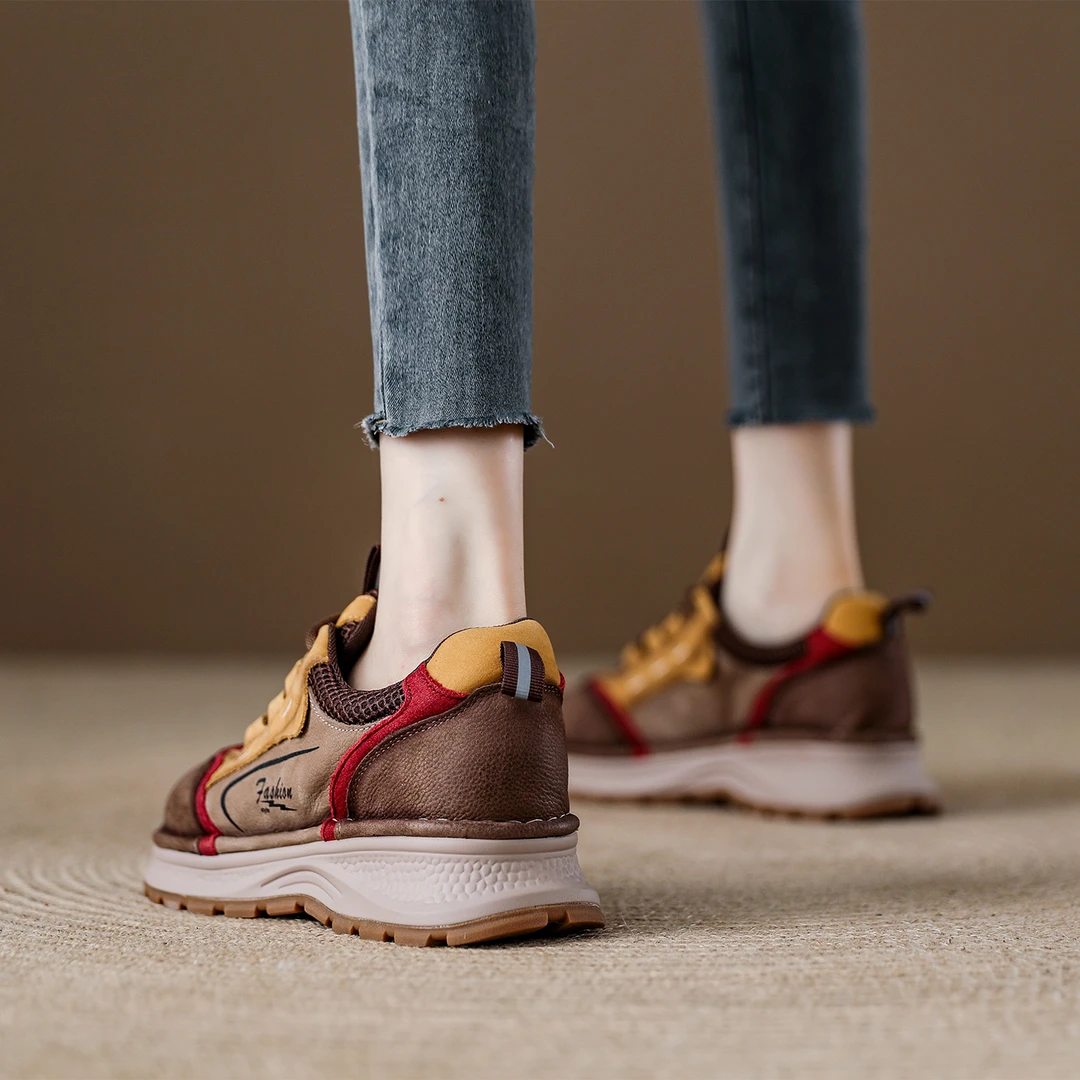 头层牛皮复古拼色阿甘鞋女2025秋新款厚底软底轻便跑步老爹运动鞋