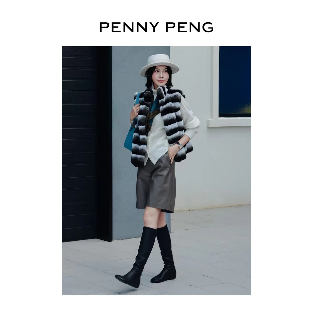 PENNYPENG 时髦搭子 黑标系列复古简约高腰显瘦宽松羊皮短裤