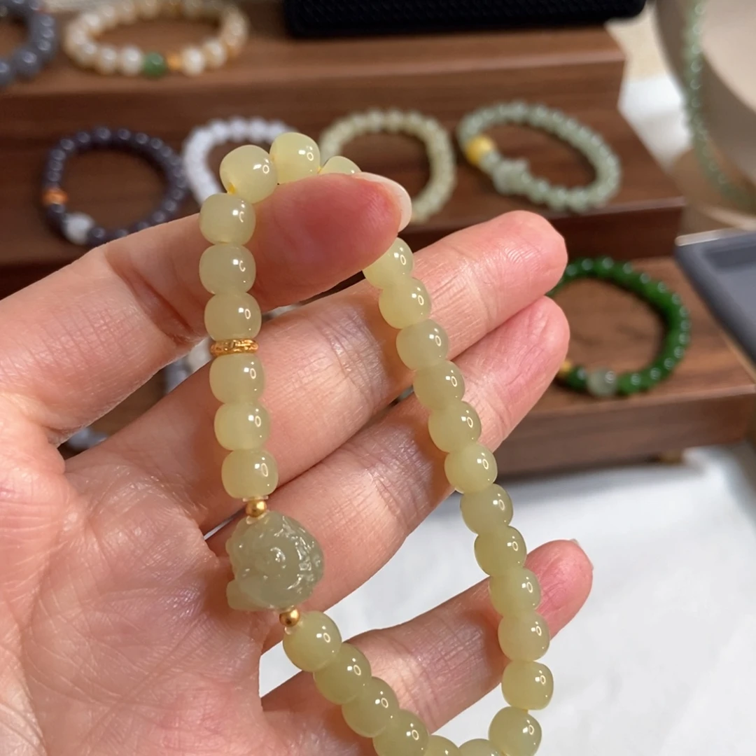 和田玉手链银S925镶嵌7mm老型黄口