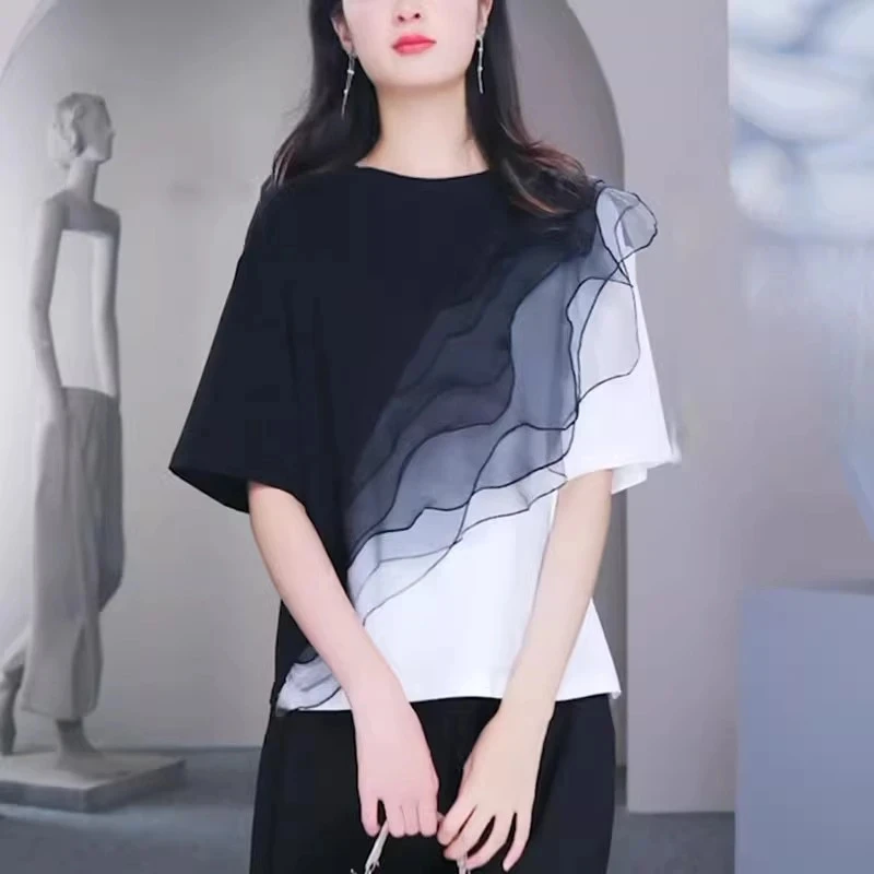 【现货送运费险】圆领纯棉t恤上短袖衣洋气夏季韩版拼色蕾丝花边女