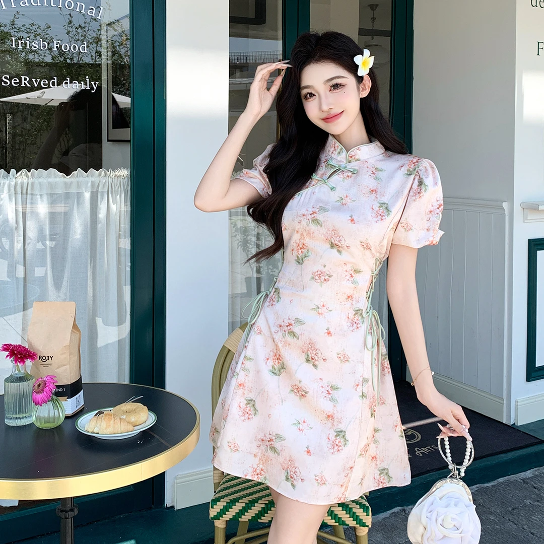 实拍现货新中式旗袍连衣裙女2025夏季新款高级感收腰显瘦A字短裙