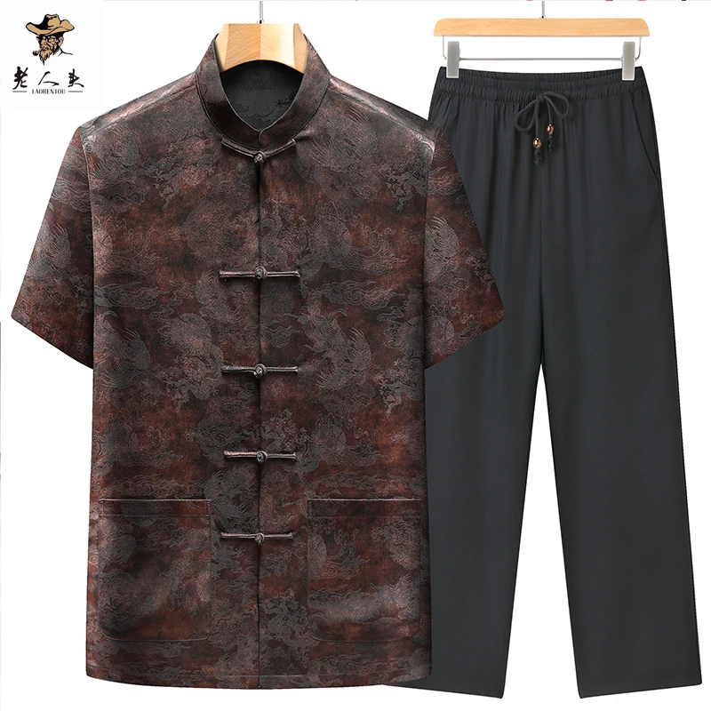 新款短袖唐装夏季薄款复古中老年爸爸装纱织提花小立领半袖夏装男