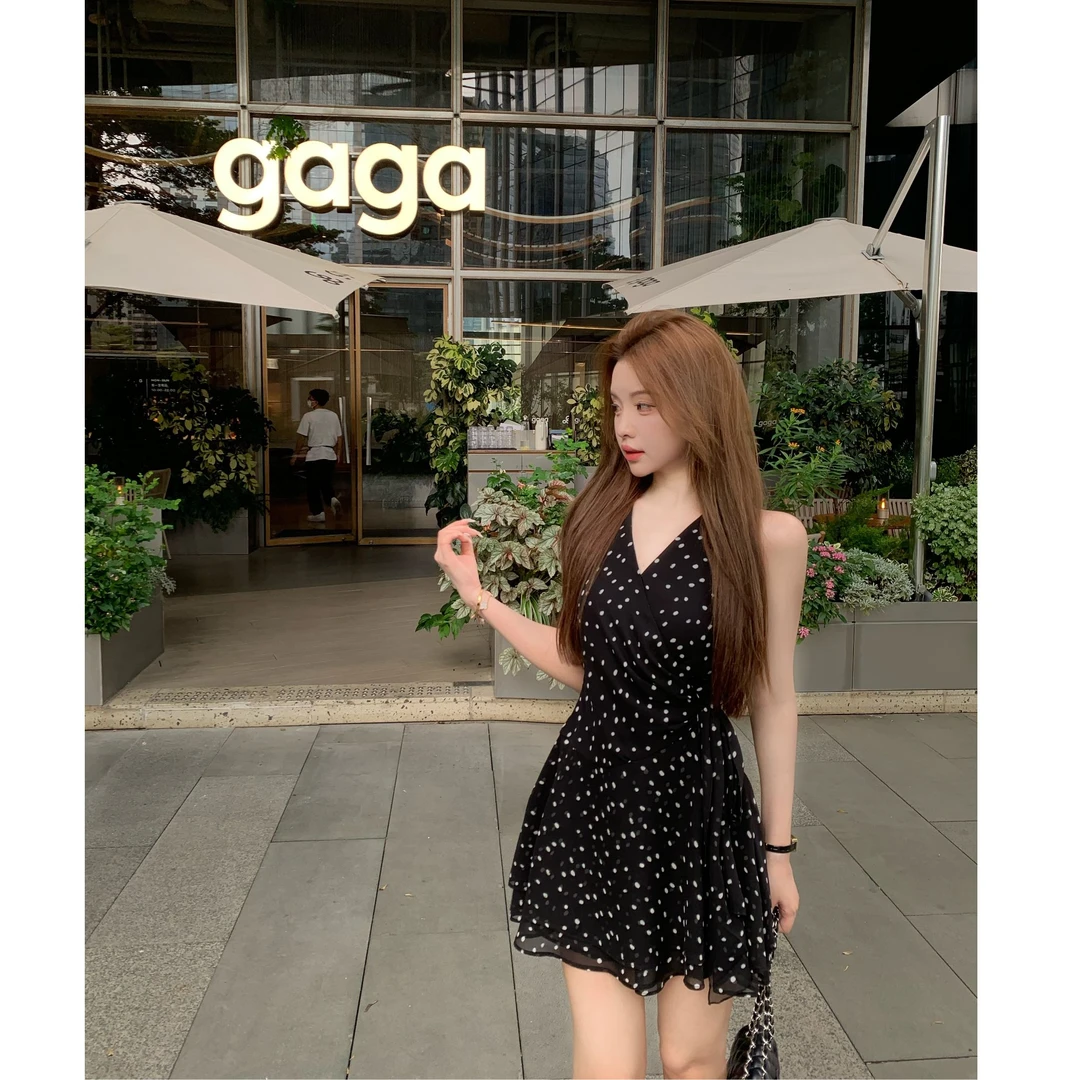 SZA【绮丽回忆】夏季新款雪纺一片式波点V领无袖修身连衣裙A-2030