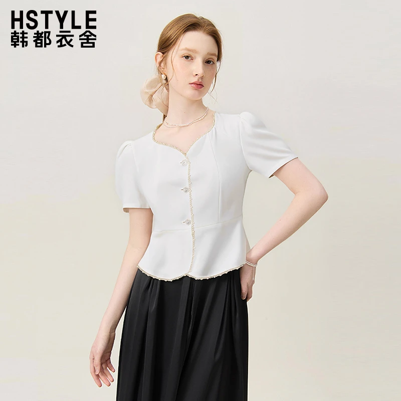 韩都衣舍法式钉珠短袖小衫女白色气质通勤时尚2025年夏季新款衬衫