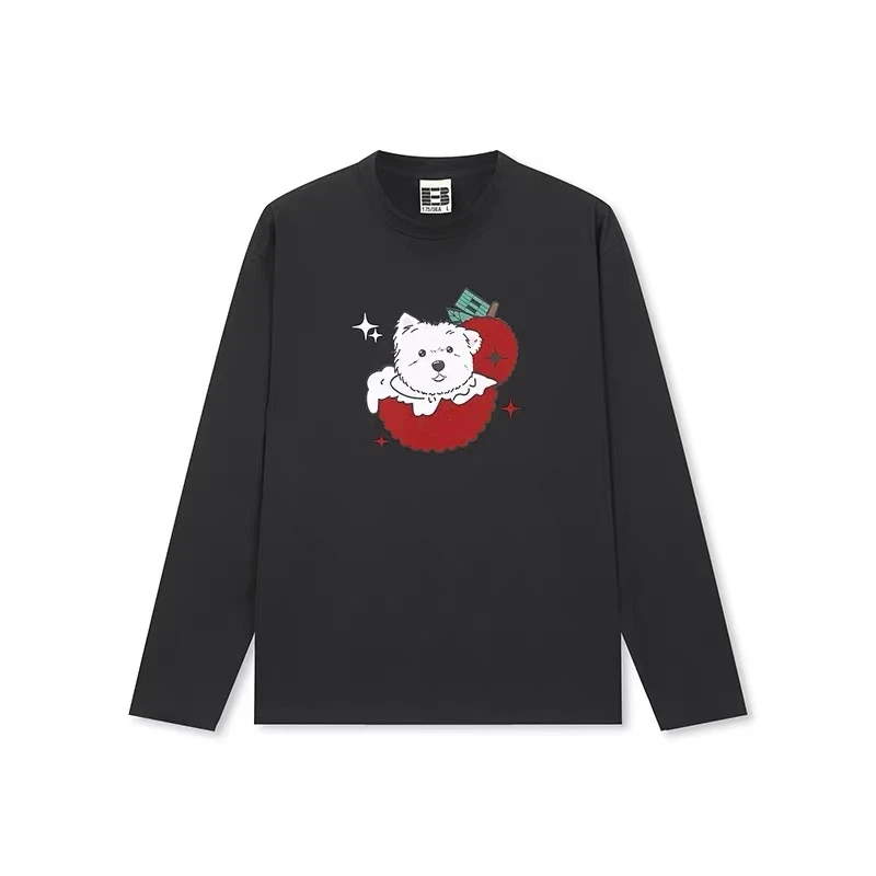 BONELESS西高地可爱小狗荔枝发泡印花长袖T恤设计感宽松情侣上衣