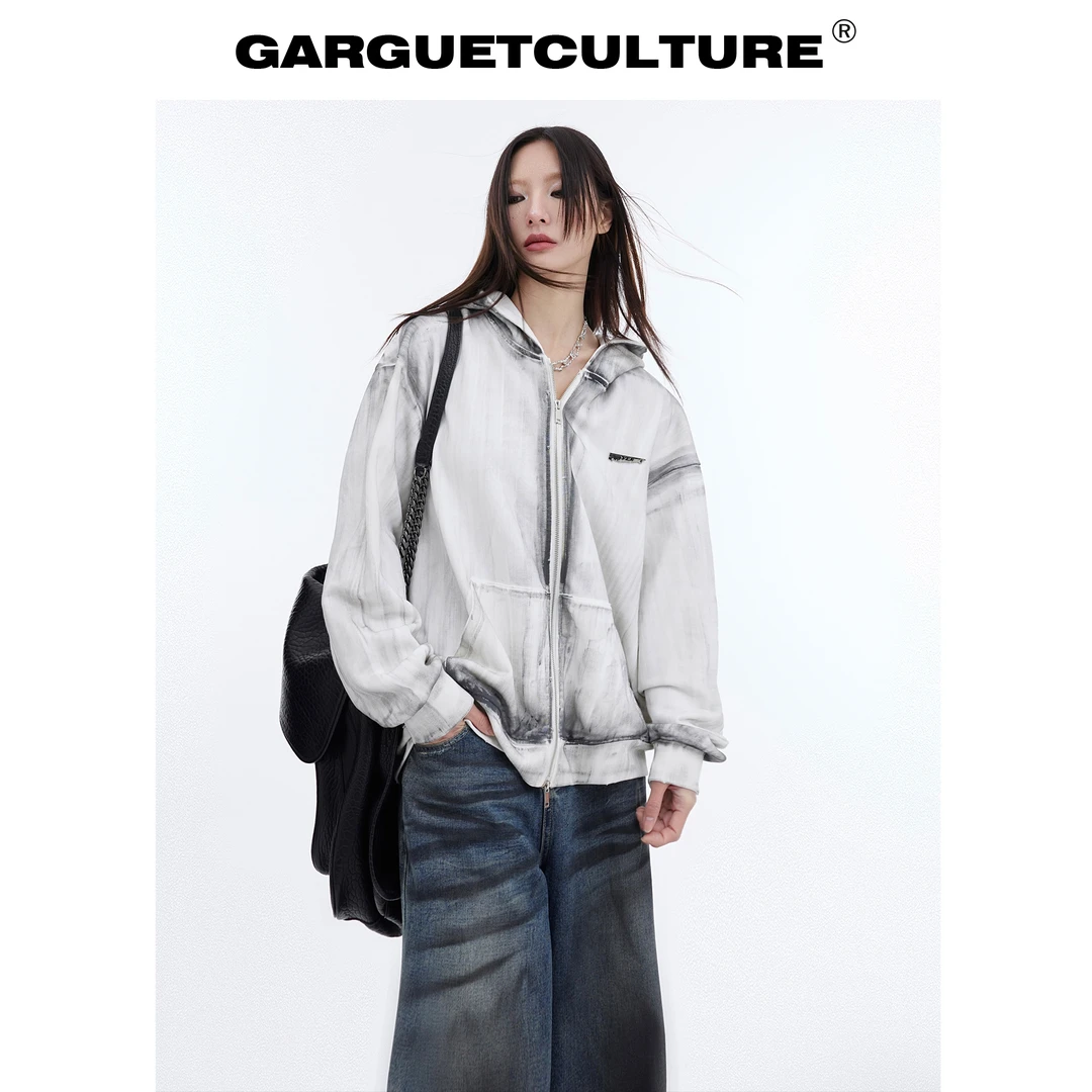 GARGUETCULTURE春季重磅小众泼墨水洗做旧连帽卫衣开衫宽松外套潮
