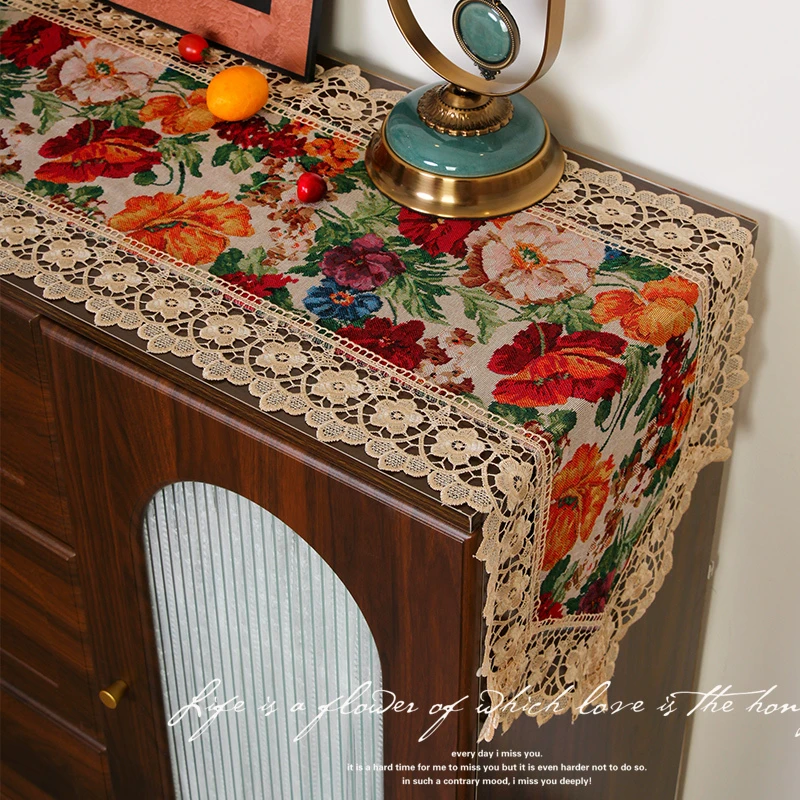 复古风桌旗茶几斗柜刺绣条旗餐边柜床尾旗美式轻奢蕾丝桌旗氛围感