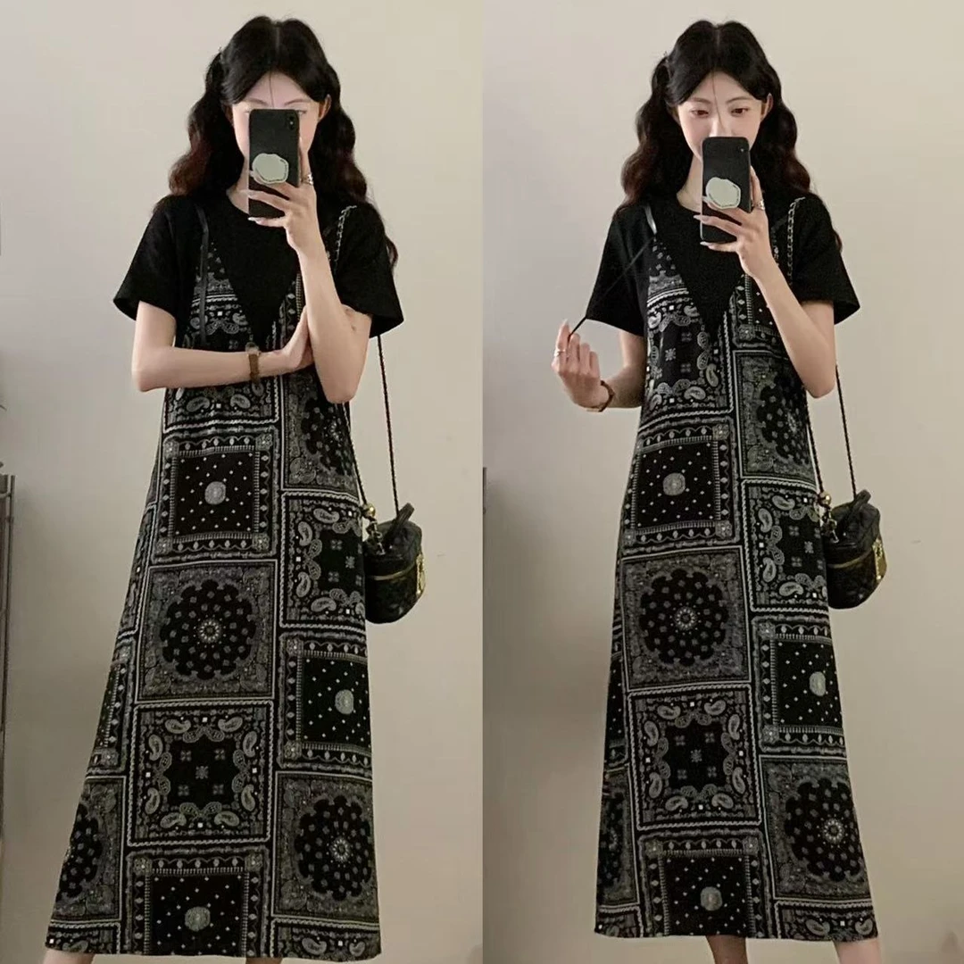 网红洋气减龄印花拼接假两件连衣裙夏季新款设计感宽松遮肚长裙子