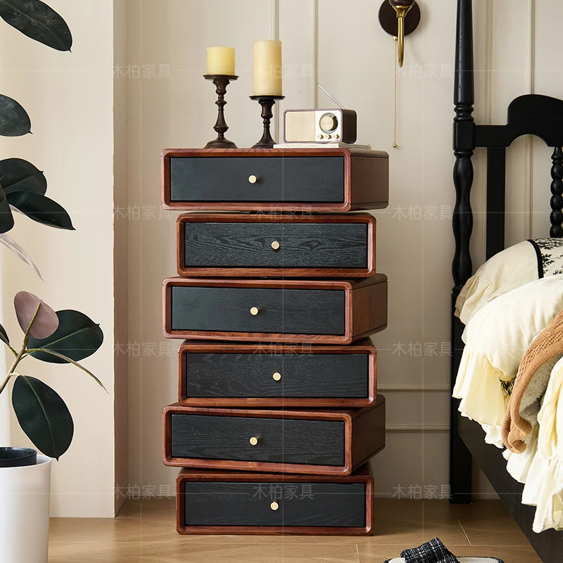【新】法式复古可旋转红橡木二三六斗柜三层抽屉式收纳柜储物角几柜