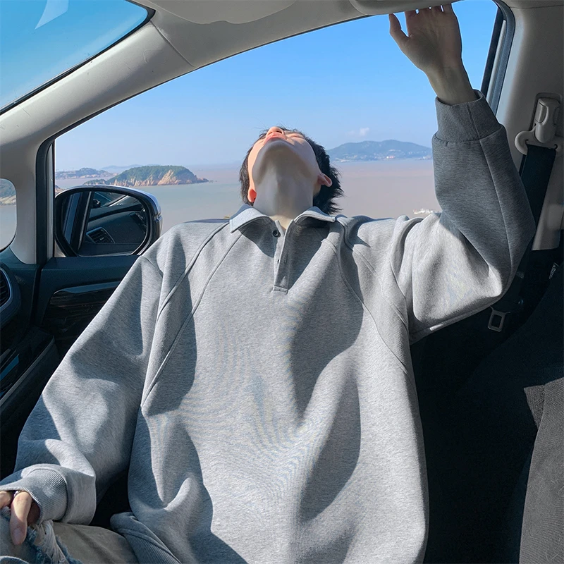 2025新款卫衣男春秋季复古老钱风Polo领长袖青少年宽松休闲上衣服