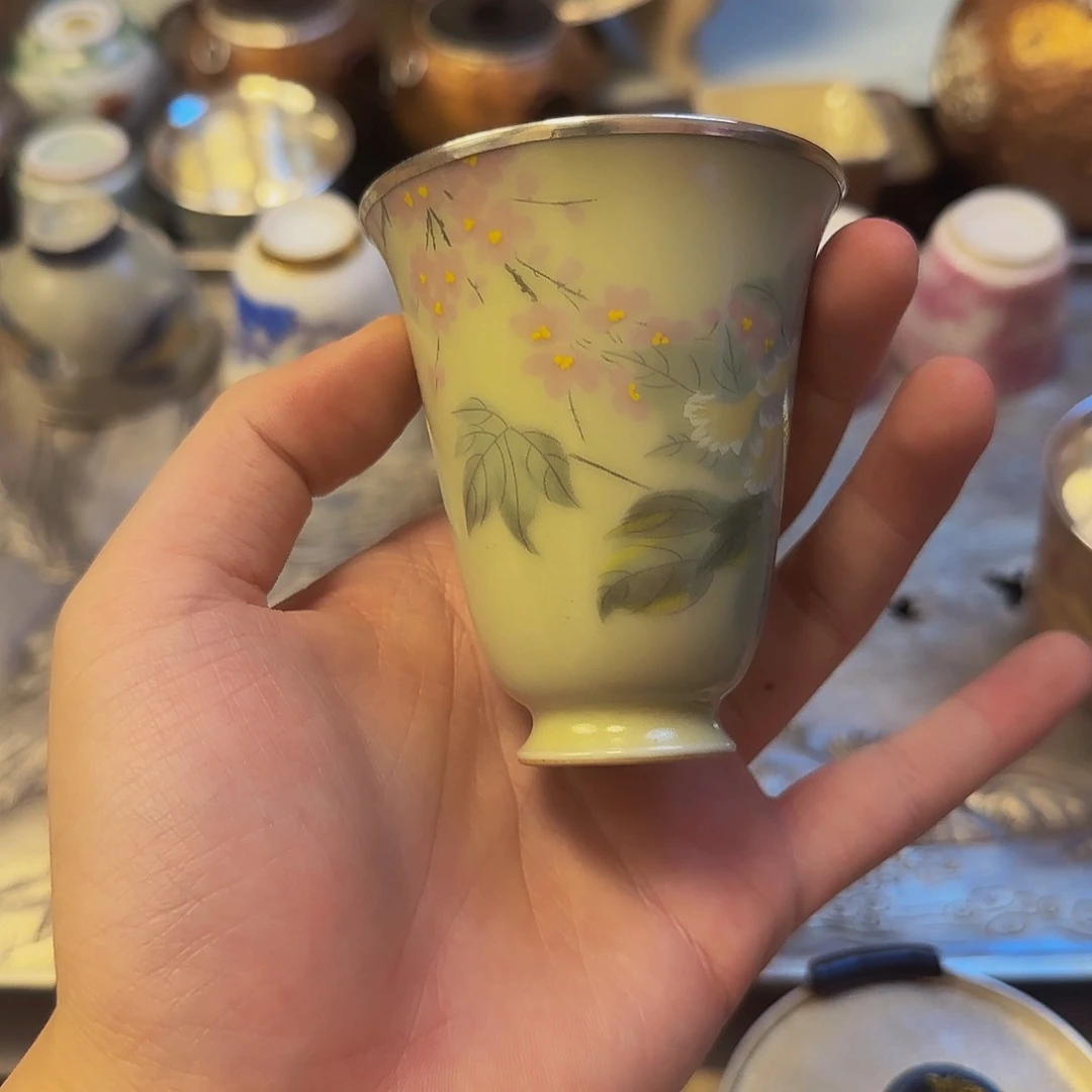 好***多瓷包银杯子足银999山茶花