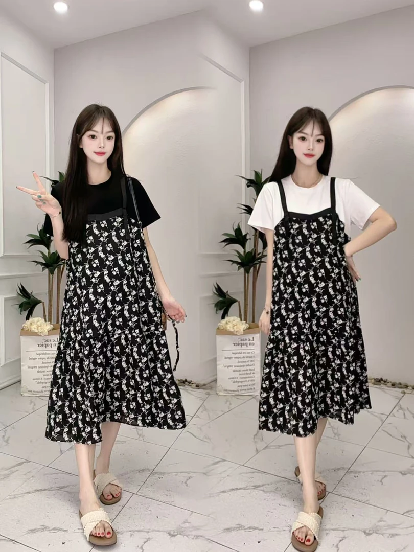 孕妇装2025新款时尚百搭宽松大码气质显瘦假两件连衣裙-61806