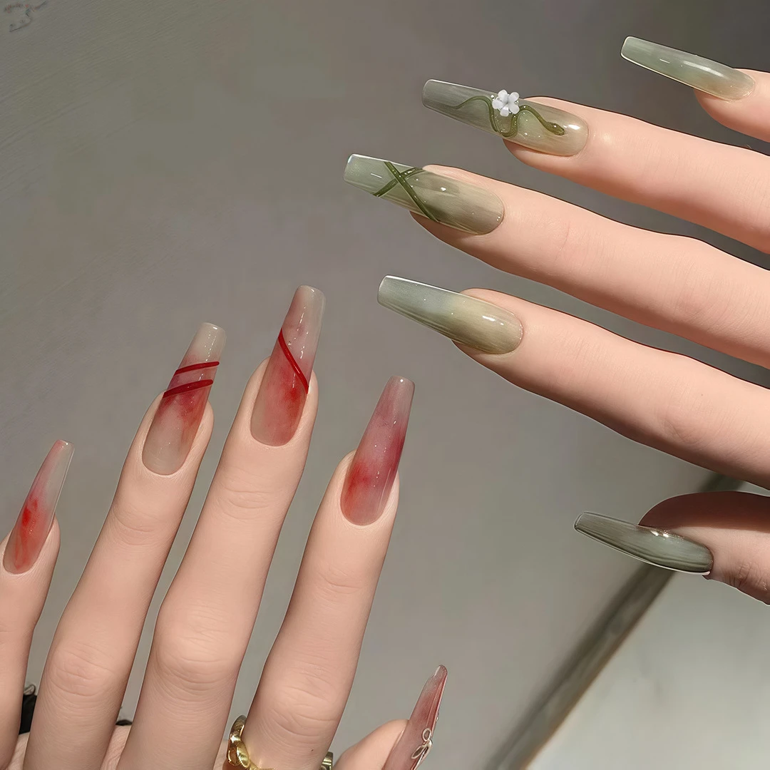 林间清影AB款美甲穿戴甲片水墨晕染青蛇清冷高级感可拆卸美甲贴片