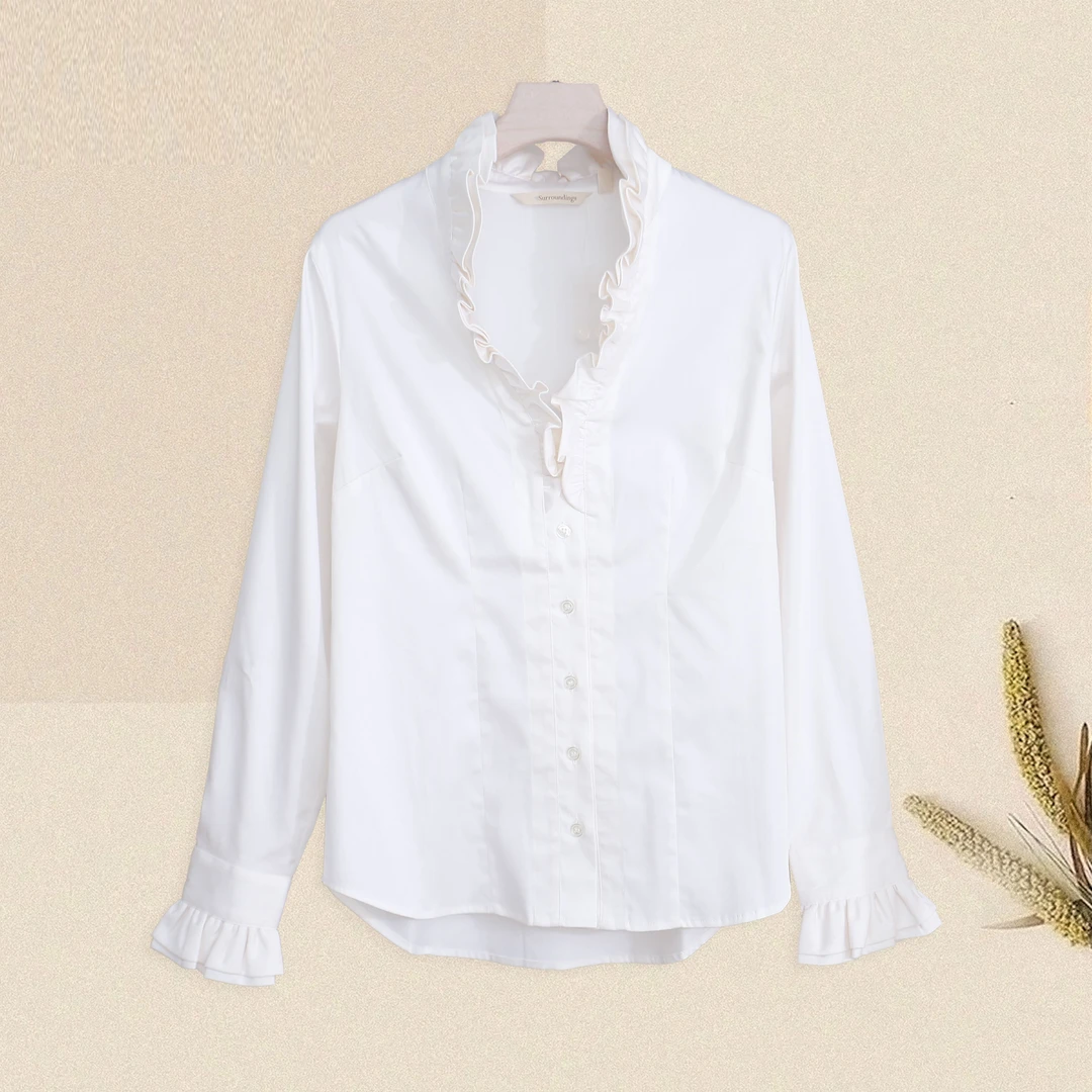 女士立领木耳边衬衫上衣优雅气质长袖打底衫BB0283显瘦时尚