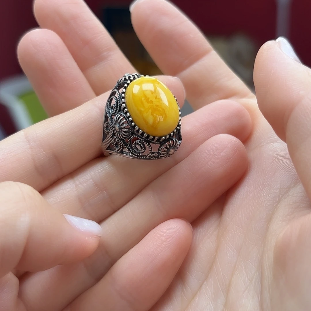 银S925镶嵌蜜蜡手链戒指