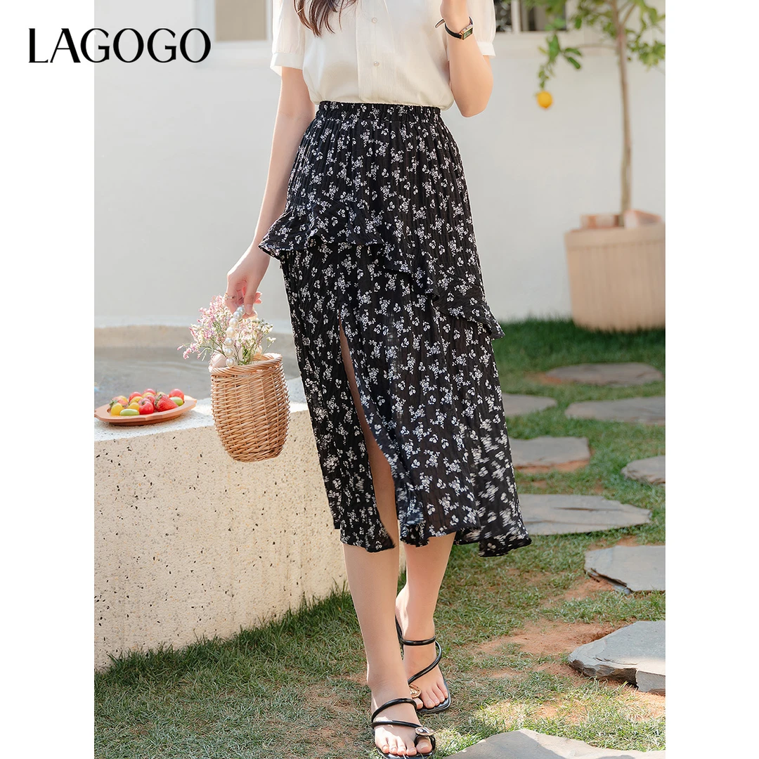 lagogo拉谷谷2025年新款荷叶边设计感碎花半裙女OABB303G27