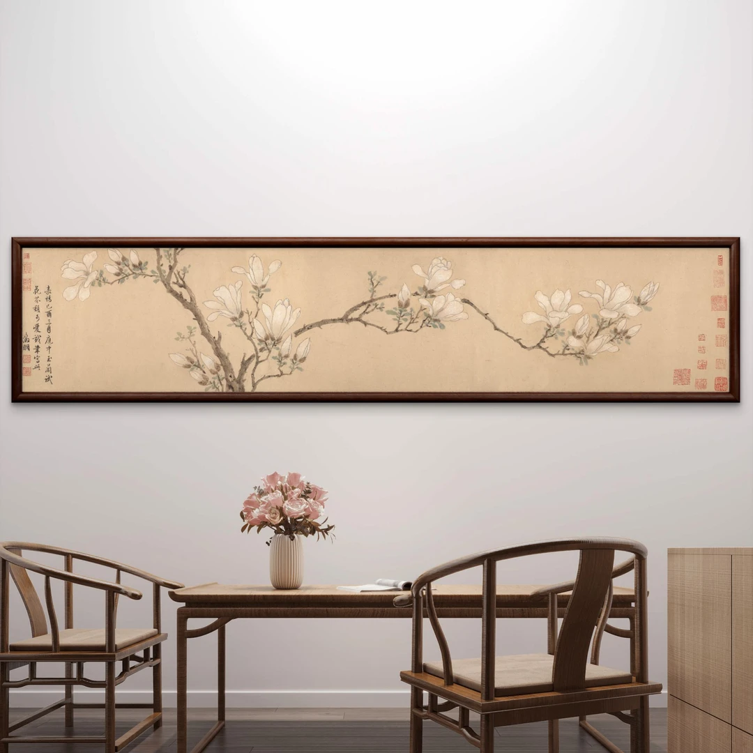 9952-40*180白玉兰中式装饰画实木框玄关书房茶室客厅挂画