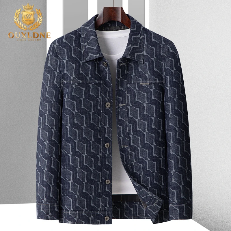 OUXLDNE 休闲翻领牛仔夹克男加肥加大码棉质秋装肥佬时尚潮流外套