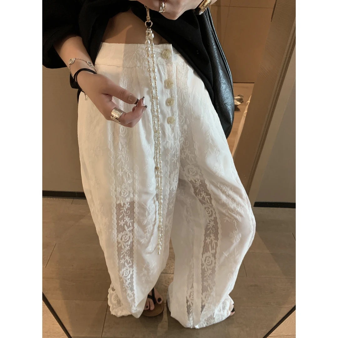 一眼万年！超重工刺绣玫瑰花镂空蕾丝裤2025夏日单排扣碎花直筒裤