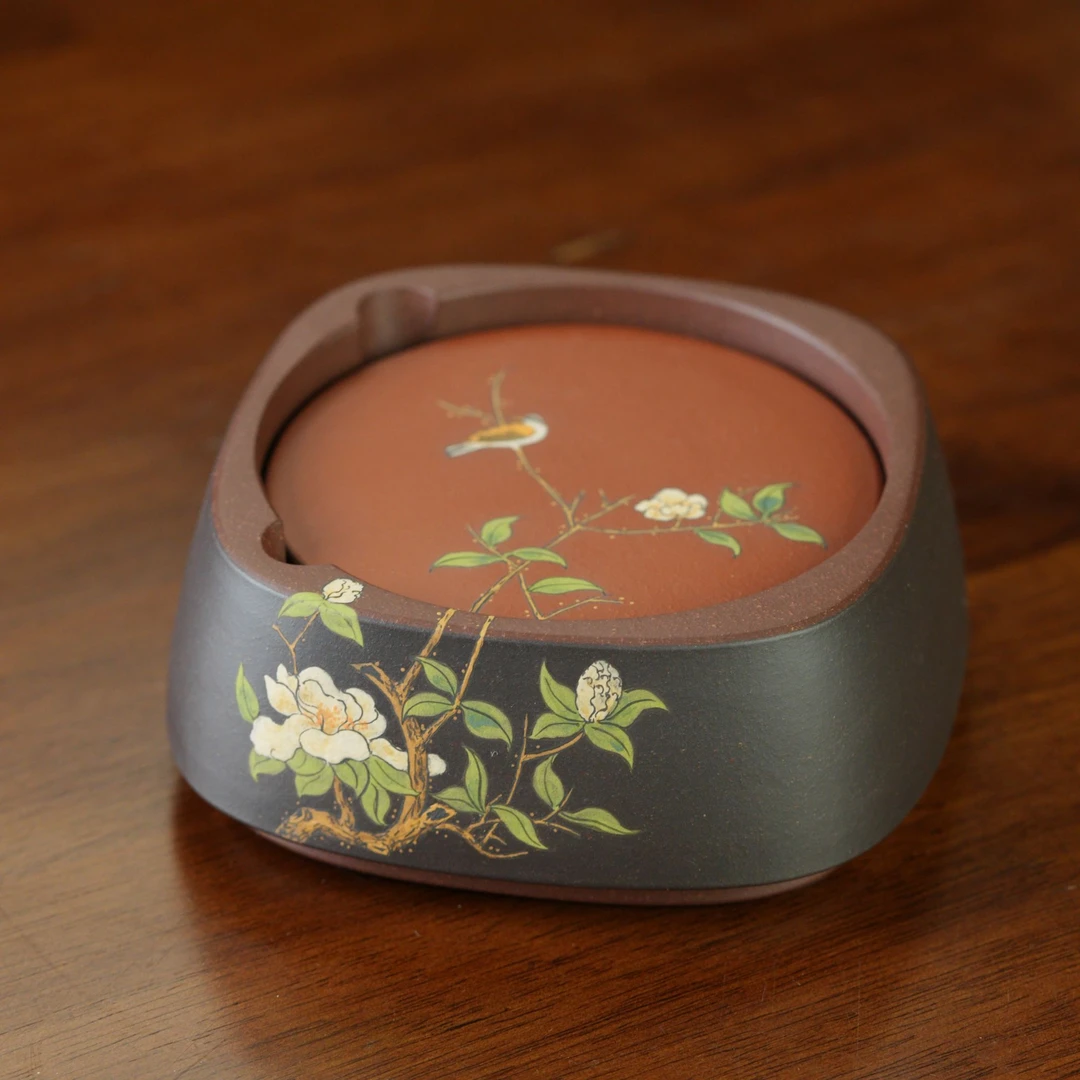 珽珽茶器 鸟语花香壶承/烟缸 紫泥粉浆 直径15cm 家用茶周边