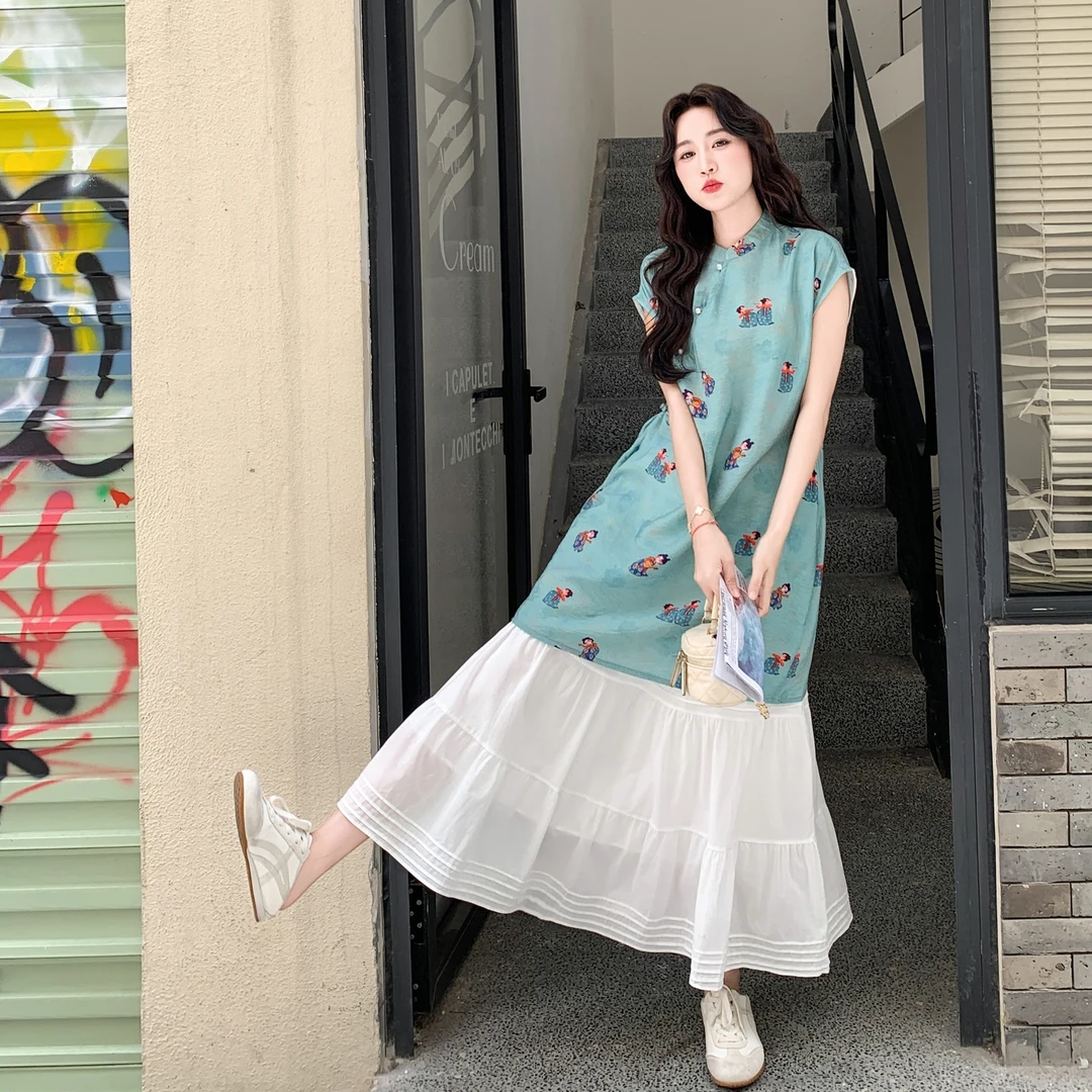 蓝色新中式国风改良旗袍衬衫半身裙套装女夏流行两件套爆款超火