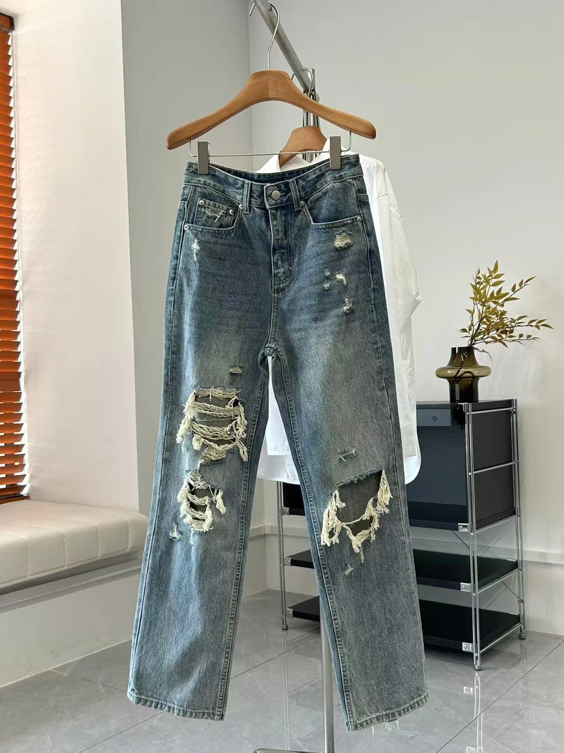 宽松显瘦高腰破洞牛仔裤女百搭直筒阔腿拖地长裤K11