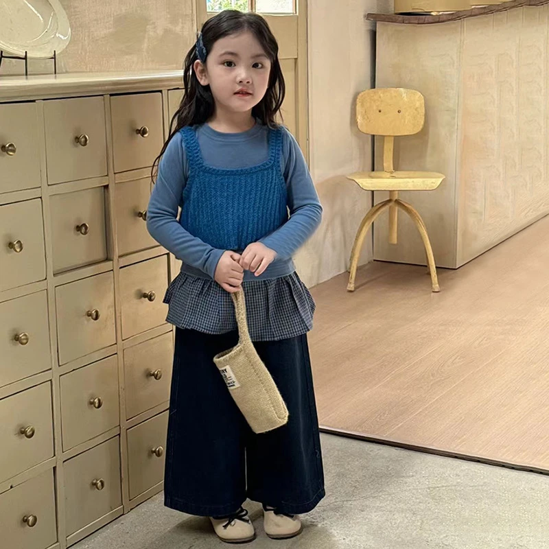 【安安家】女童新款针织吊带背心打底衫格纹屁帘休闲裤三件套r25477