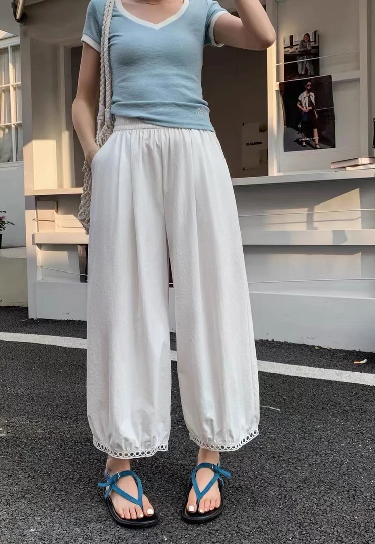 夏季薄款宽松显瘦大裤脚九分纸片裤子镂空设计感阔腿灯笼裤女