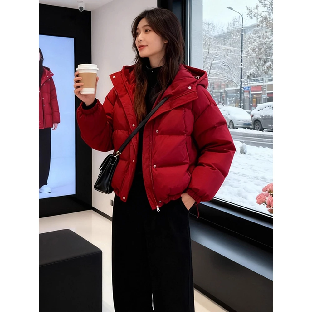深冬气质一整套穿搭红色连帽短款羽绒棉服加绒加厚阔腿裤两件套女