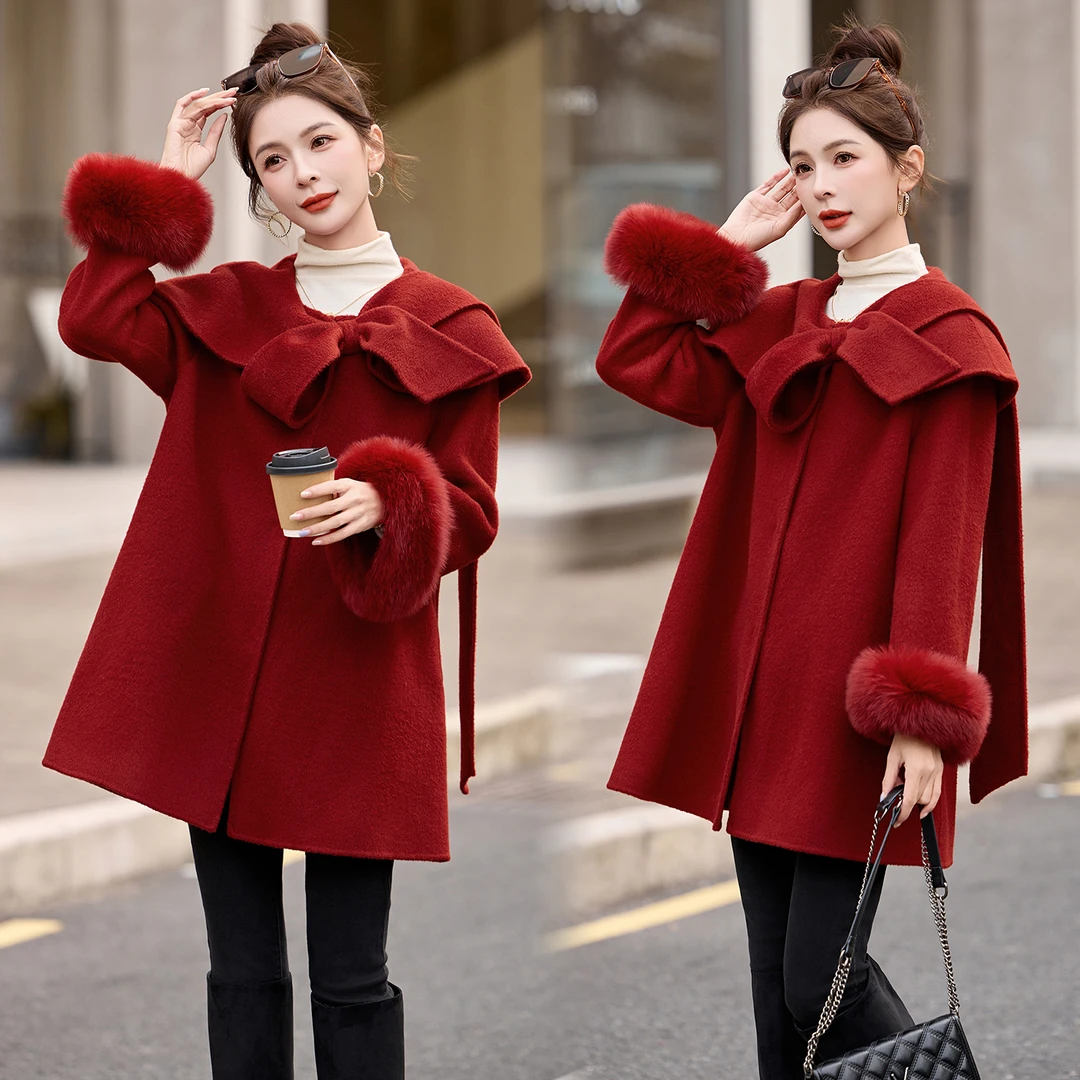 韩系设计感袖口狐狸毛系带领双面毛呢大衣羊毛外套2025女冬装新款