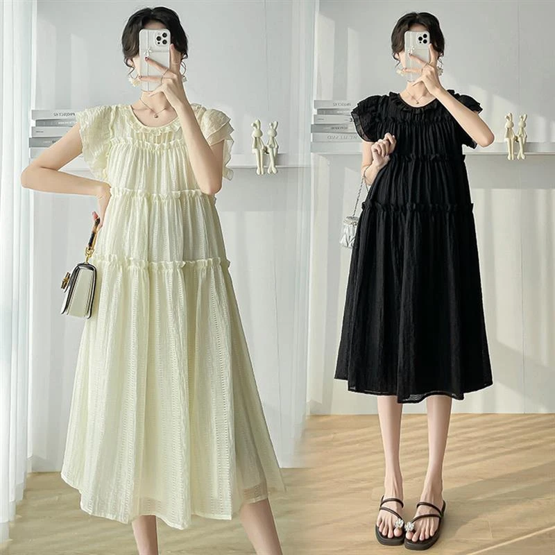 2024夏季新款甜美韩版气质飞飞袖宽松显瘦孕妇连衣裙中长款孕妇装