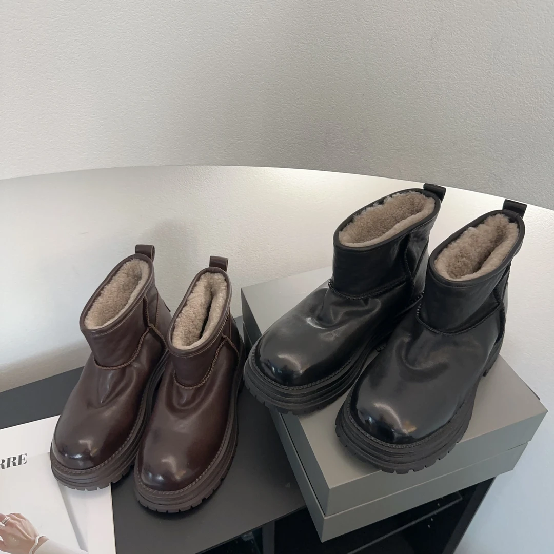 素陌冬季水洗马皮切尔西靴羊皮毛一体短靴真皮加绒雪地靴24913