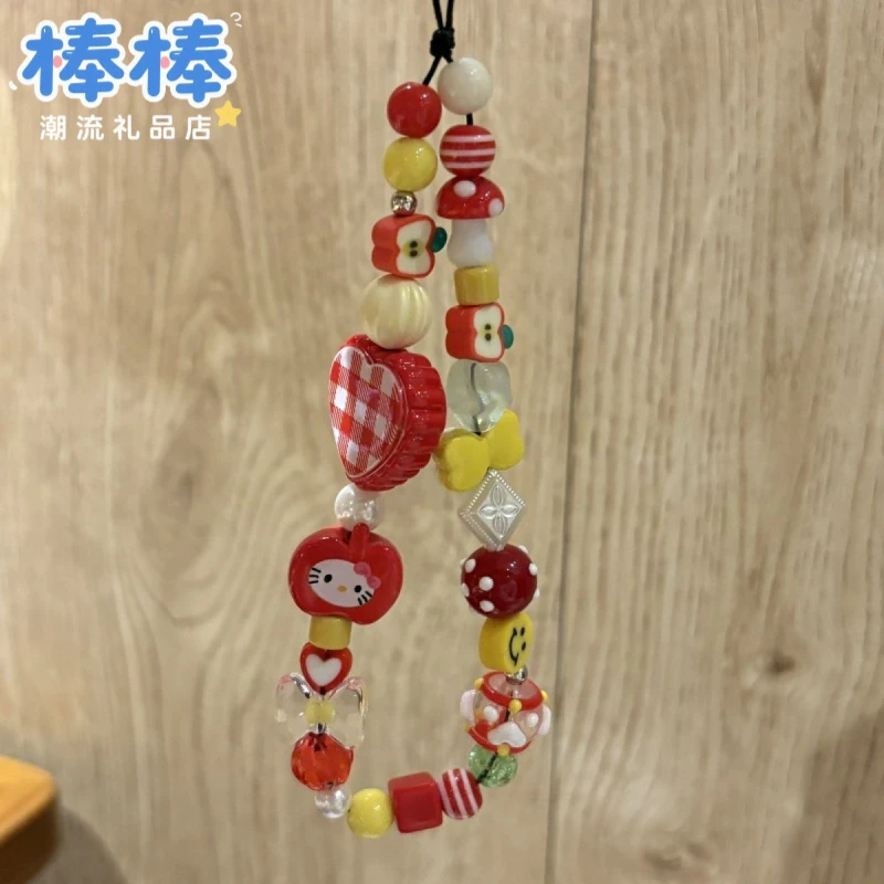 红色格纹爱心多巴胺果果kt猫手机挂绳ccd相机挂饰diy手工串珠创意