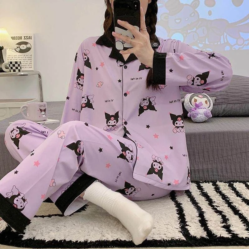 睡衣女款2024年春秋季新款长袖开衫薄款套装可爱卡通家居服可外