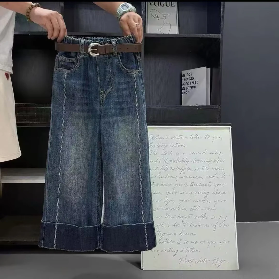 女童牛仔裤秋季新款儿童显瘦高腰直筒休闲韩版百搭洋气阔腿裤宽松