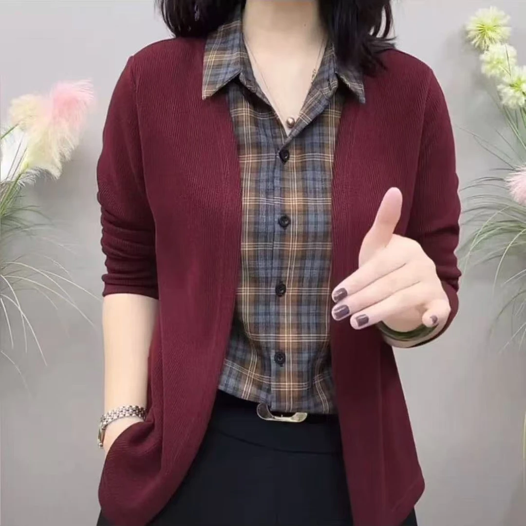 [假两件]2025秋季新品时尚显瘦女士洋气衬衫弹力长袖衫洋气打底衫