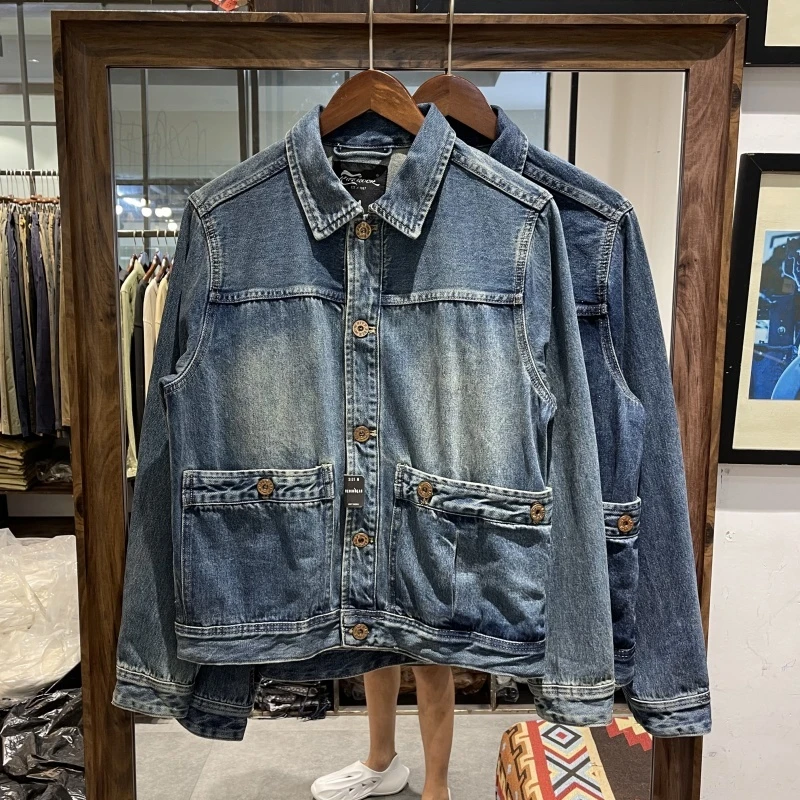 重磅复古水洗做旧机车牛仔夹克男美式硬汉风宽松大口袋工装外套男