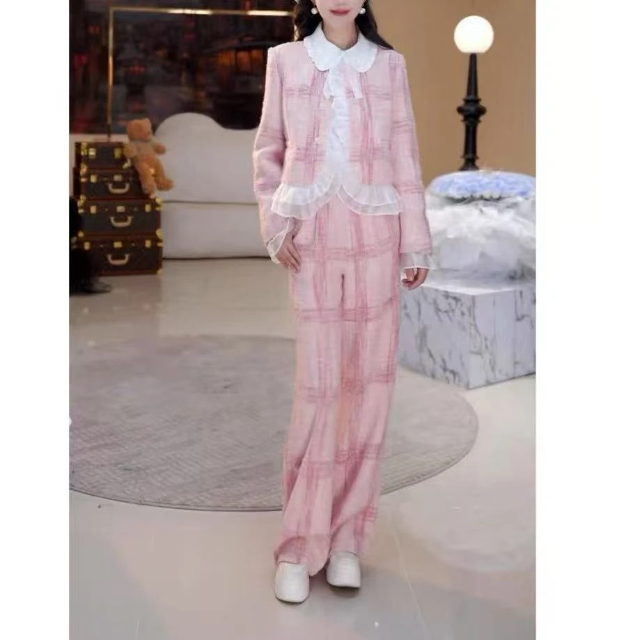 【晨浠定制】新款气质格子荷叶边小香风长裤套装5145