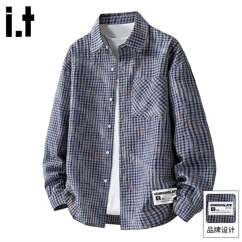 it :CHOCOOLATE男秋季泡泡纱格子潮牌透气衬衫休闲长袖上衣薄外套