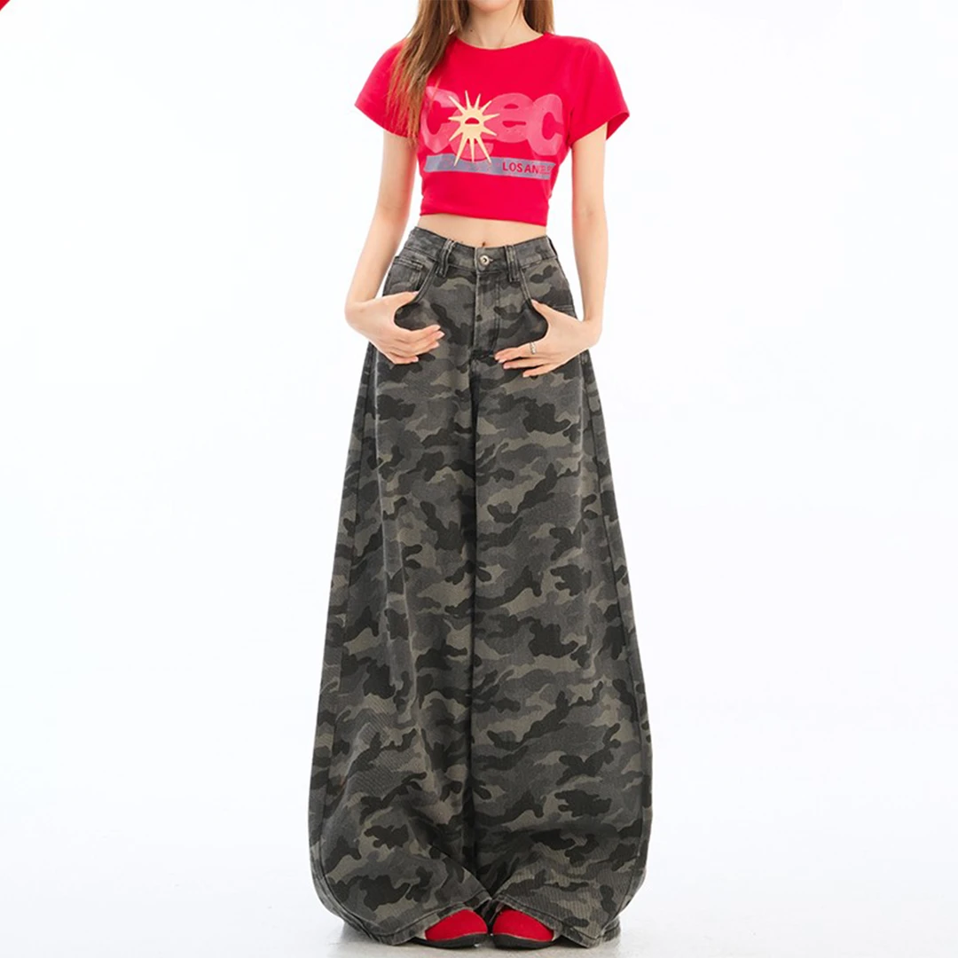 300斤大码女装高腰阔腿宽松工装迷彩裤胖mm高街百搭宽松直筒长裤