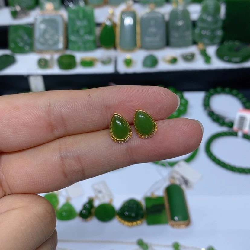 【闪购商品】和田玉（碧玉）银S925镀金镶嵌耳饰