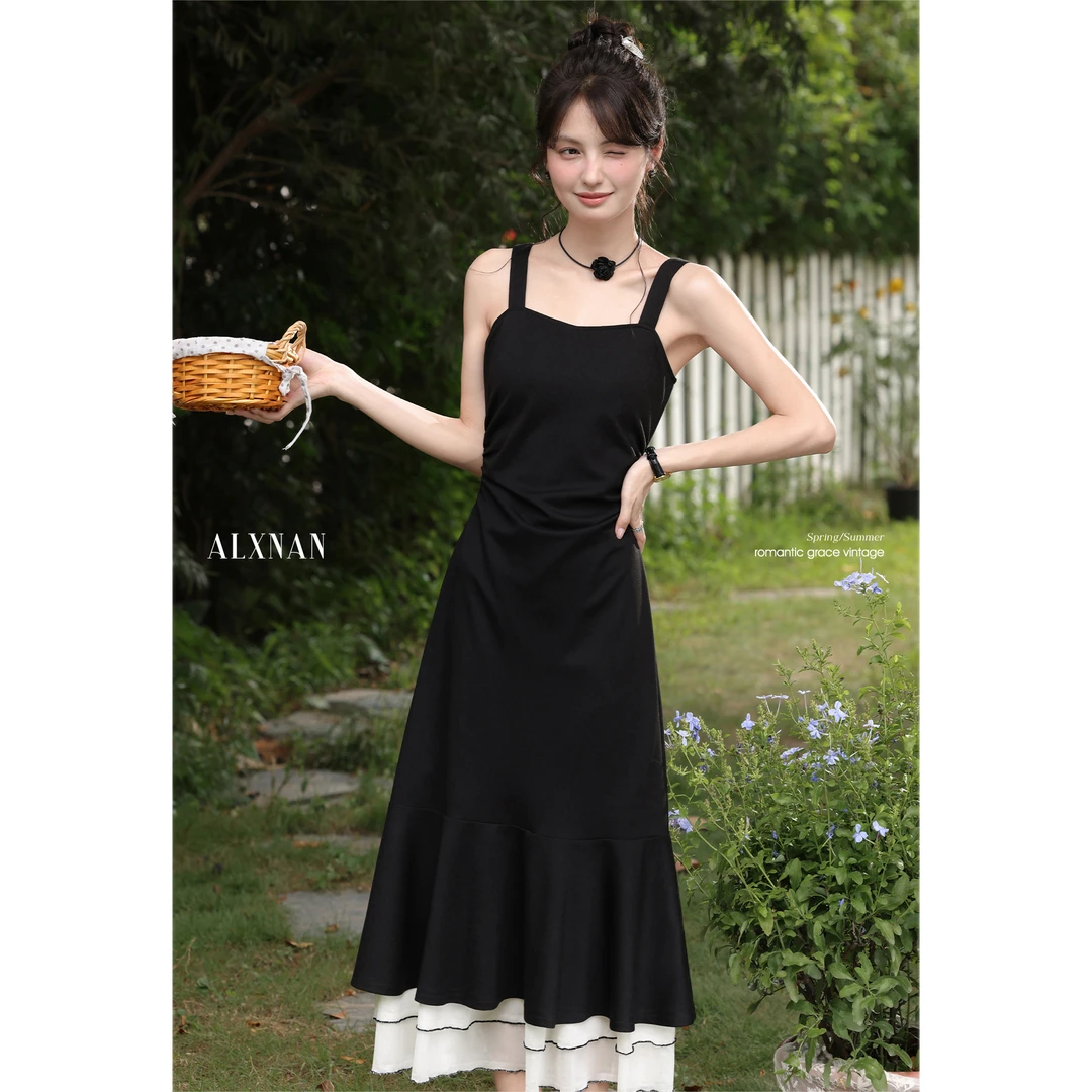 【品牌撤柜款ZB】黑白撞色气质长裙女夏A字蕾丝吊带连衣裙L55889