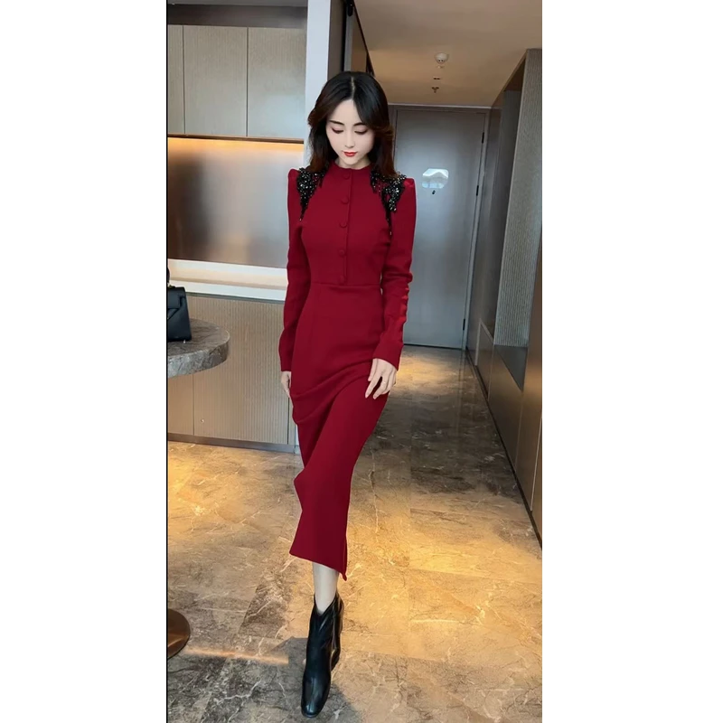 名媛风气质洋气重工订珠单排扣加绒连衣裙女中长款显瘦开衩裙潮