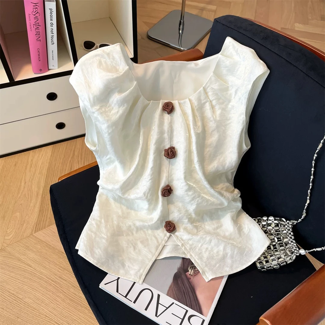 【636】新款法式甜美立体花朵无袖衬衫女宽松显瘦百搭洋气上衣