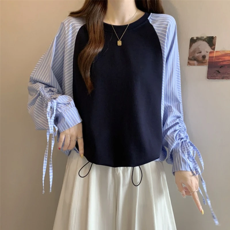 大码设计感条纹衬衫拼接T恤女春秋胖MM宽松显瘦洋气长袖抽绳上衣