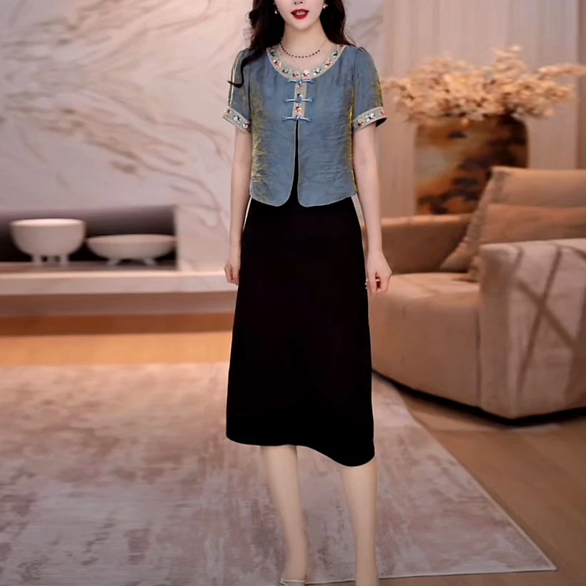 宋锦花萝缎新中式假两件连衣裙2025夏季新款修身国风古韵气质裙子