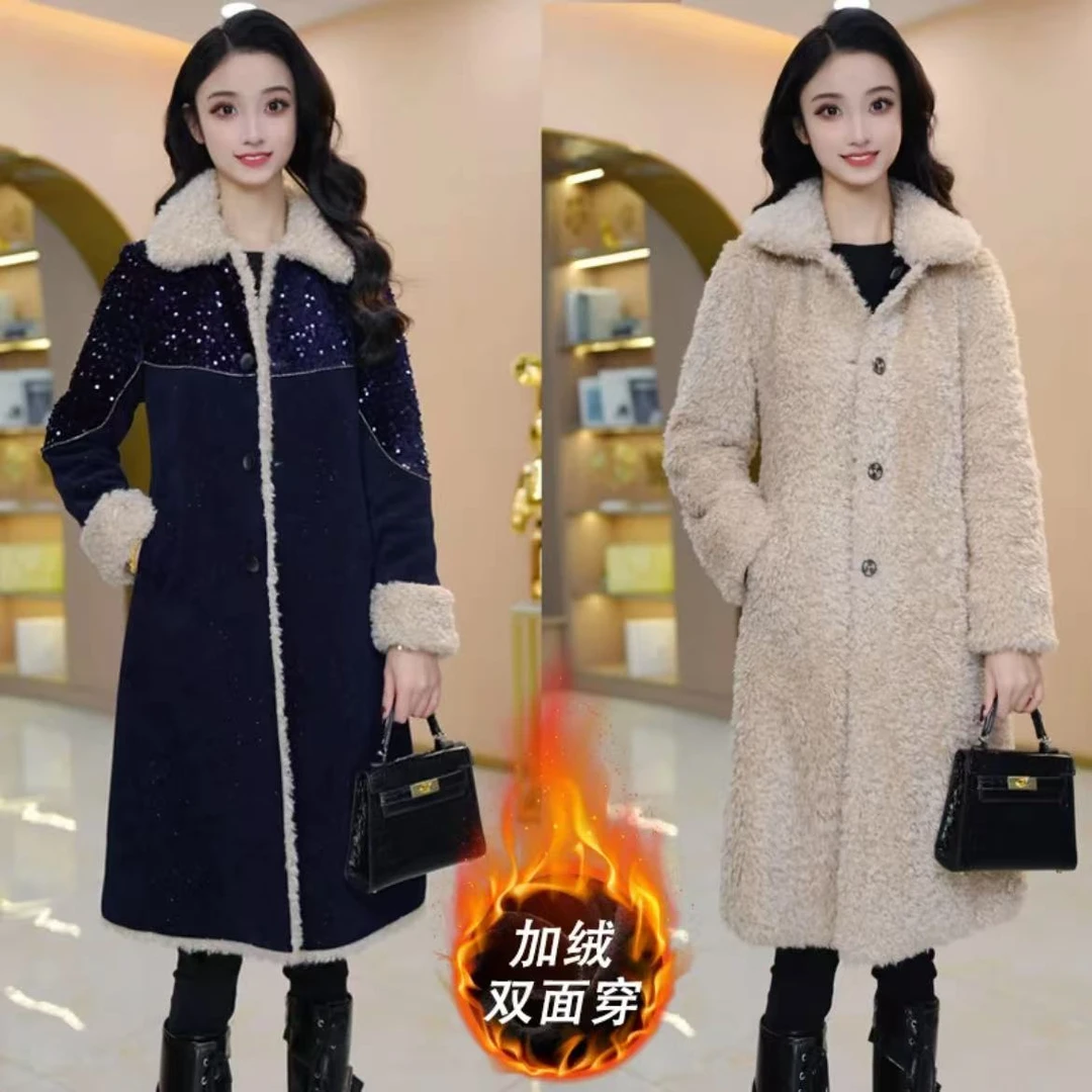 【两面穿】雪尼尔绒冬季加厚加绒中长款加厚中长款修身显瘦外套