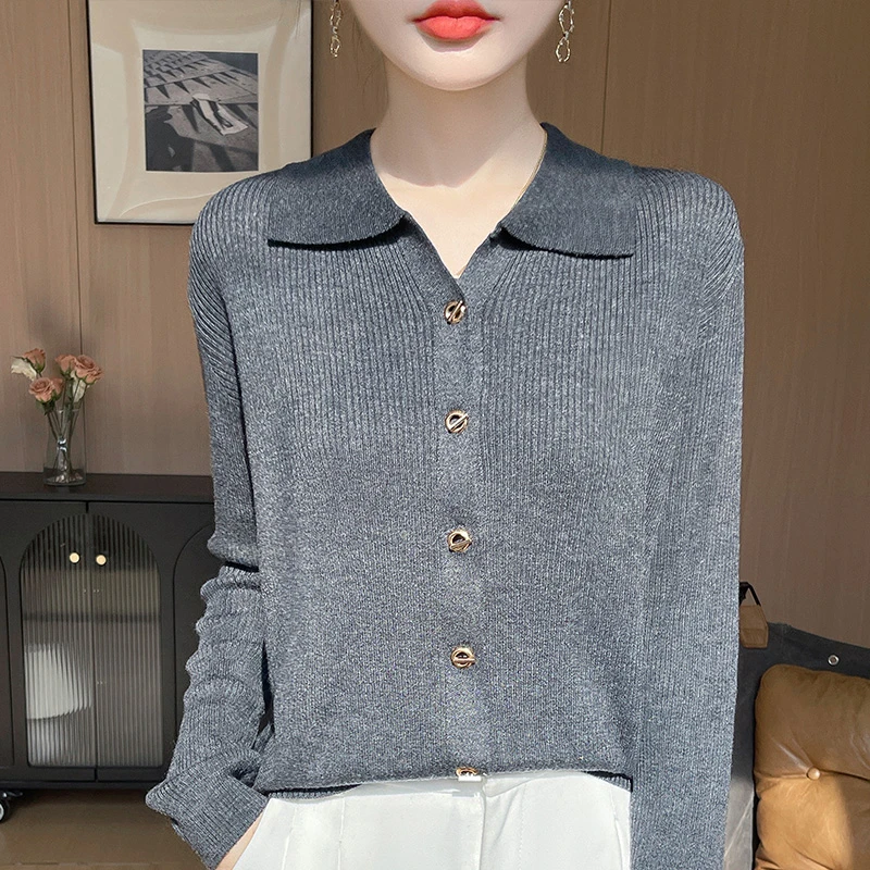 春秋款精纺Polo领羊毛开衫女时尚百搭纯色欧若风短款衬衣外套