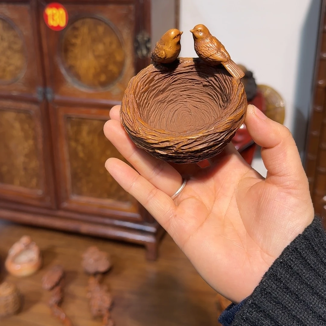 @***孩木复古装饰摆件木雕小鸟巢7.5/6厘米